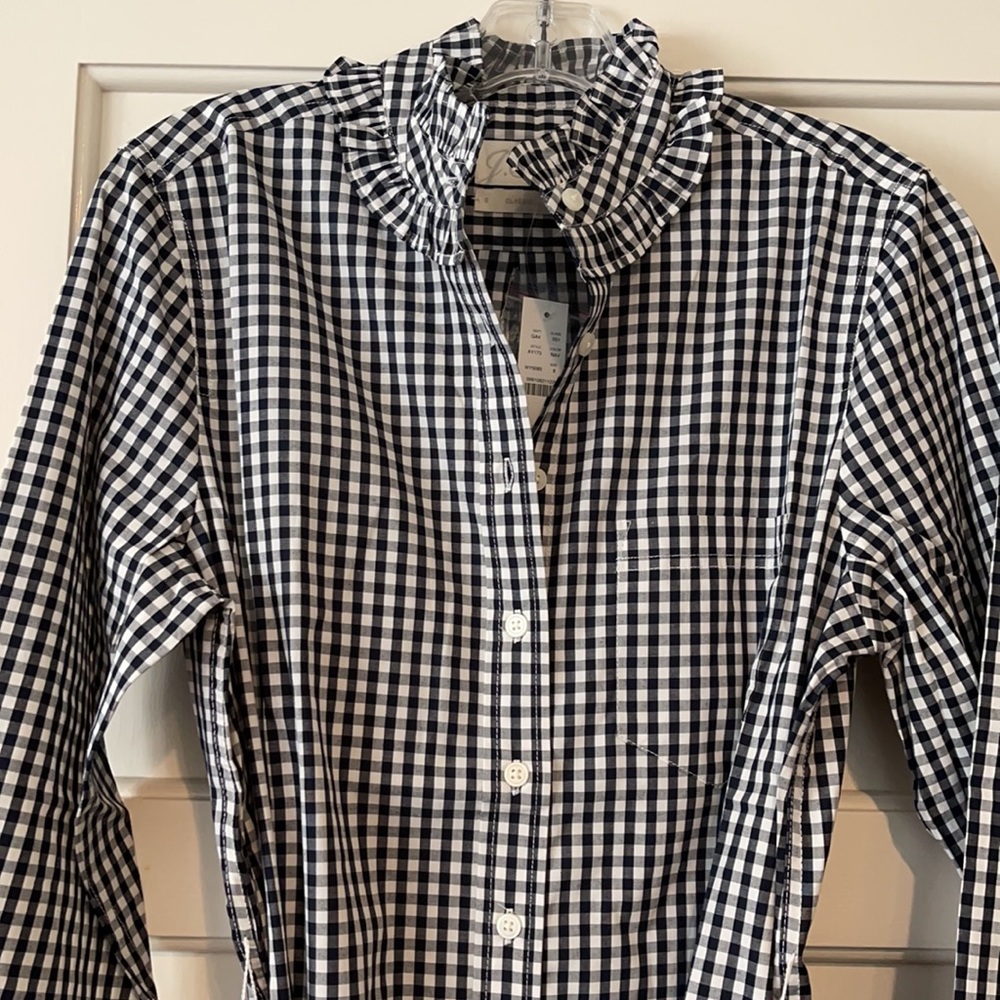 J.Crew Classic-fit ruffleneck shirtdress dress navy check AY173 - Picture 13 of 14